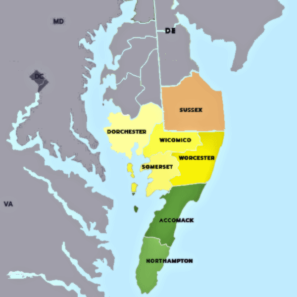 Reference graphic showing the Delaware, Maryland, and Virginia counties included in the Lower Delmarva Peninsula